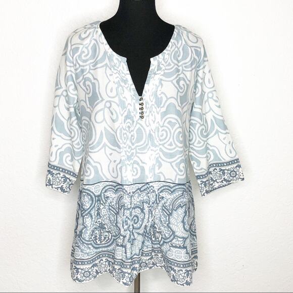 Soft Surroundings light blue white floral scroll print popover top size Medium - Picture 1 of 13